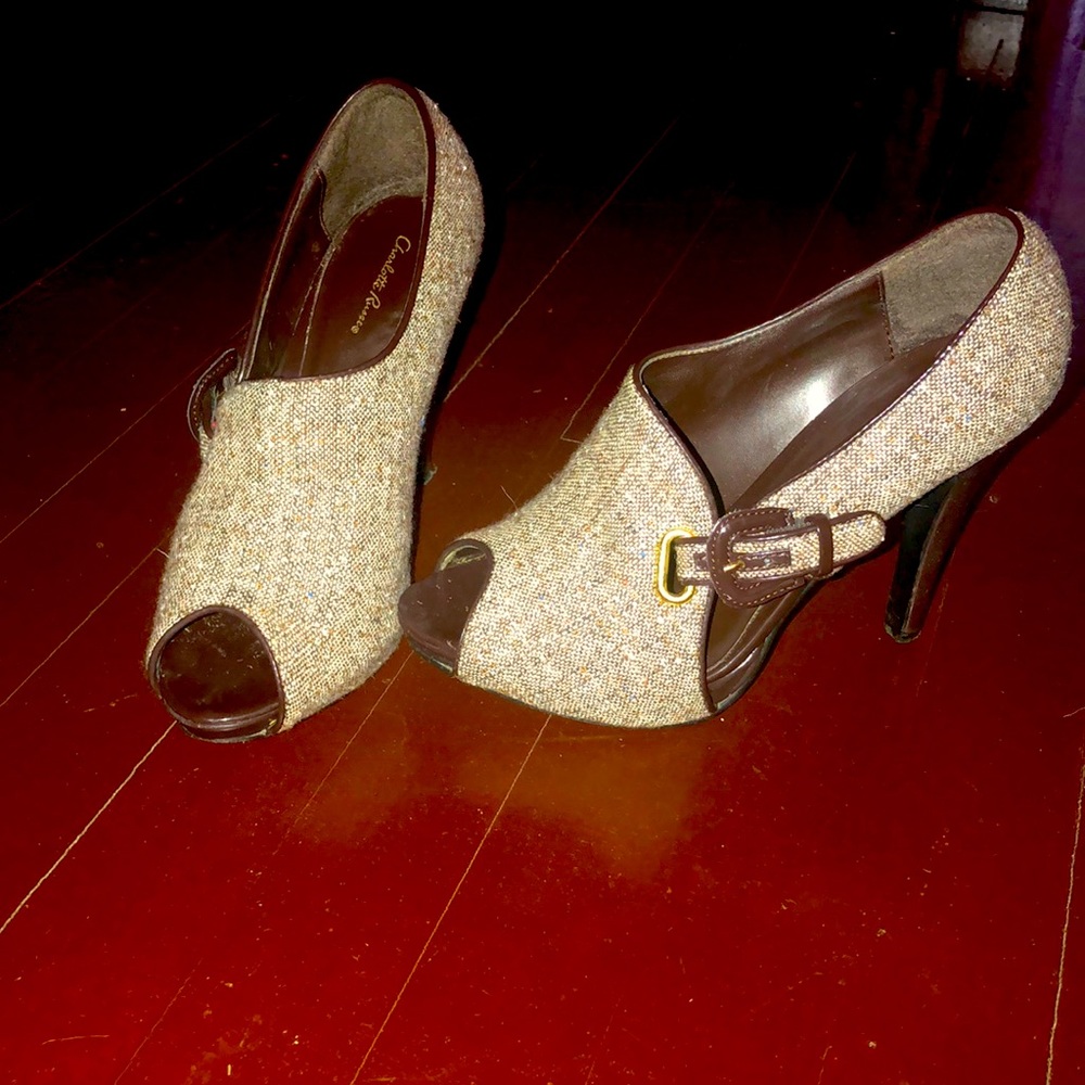 Brown Tweed Peep Toe Pumps